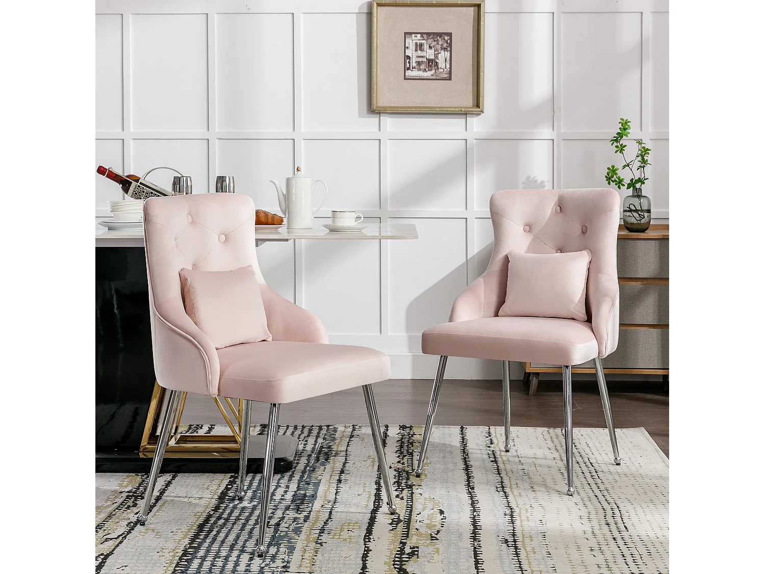 Poltrona de jantar em veludo rosa com almofada lombar e conforto moderno, pernas de metal, conjunto de 2