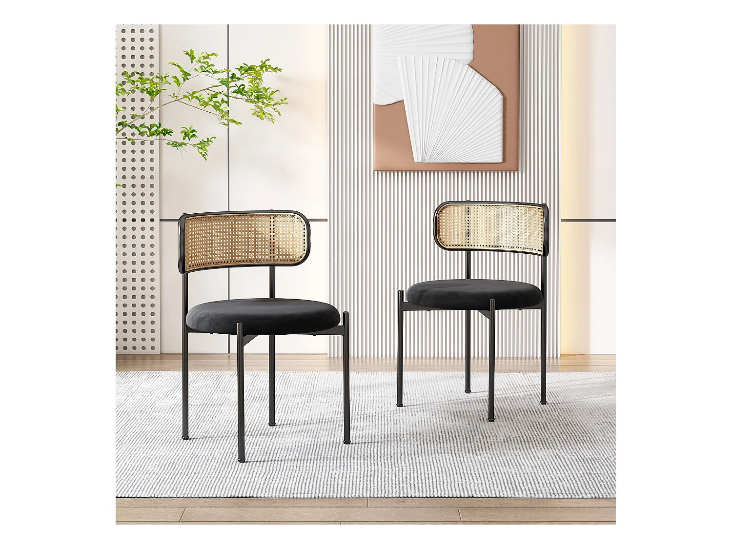 Silla de comedor de terciopelo negro con respaldo de ratán y patas de metal para sala de estar o dormitorio.