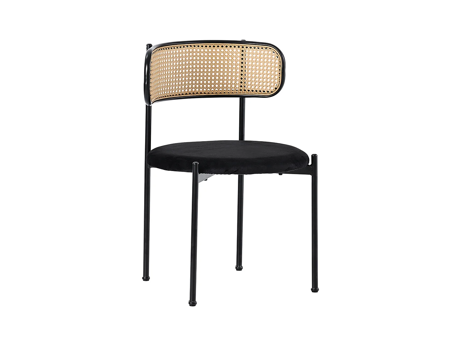 Silla de comedor de terciopelo negro con respaldo de ratán y patas de metal para sala de estar o dormitorio.