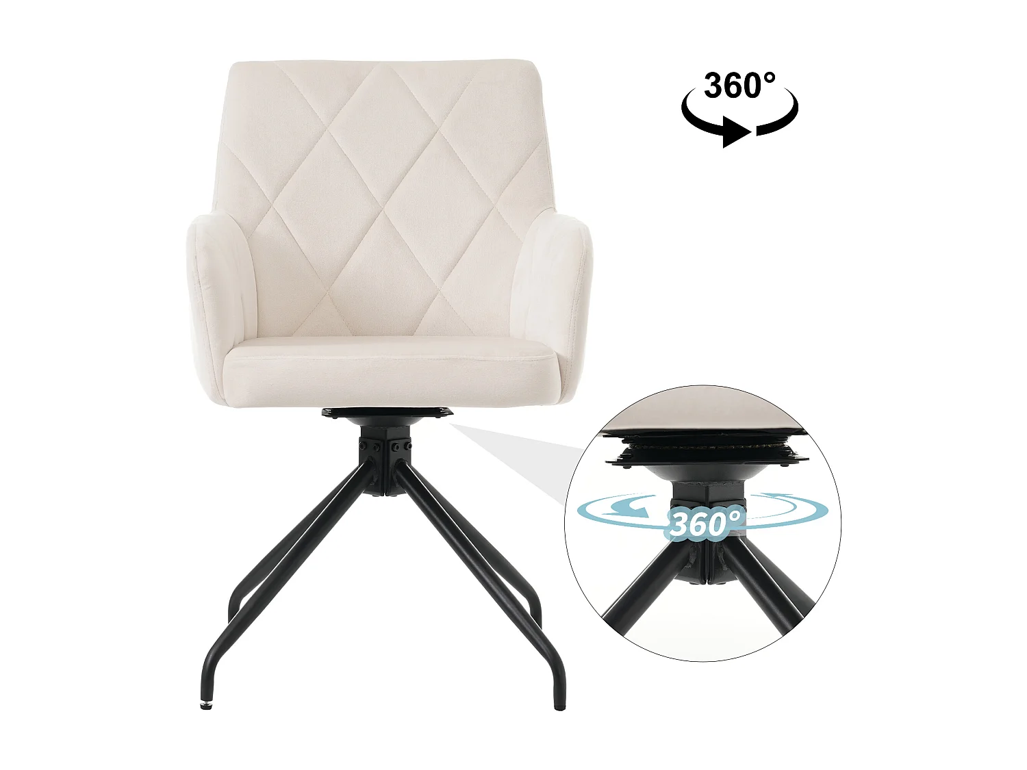 Silla giratoria 360° en terciopelo beige con respaldo de diamante y patas de metal ajustables para sala de estar, oficina, salón, juego de 4