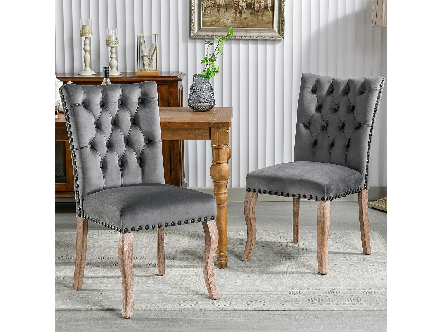 Chaise salle à manger velluto grigio dossier con annesso decorativo cloutée pieds bois massiccio 49x63x95 cm lotto di 2