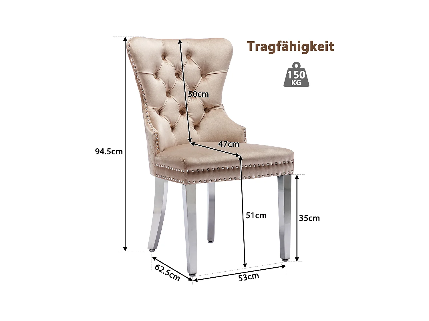 Cadeira de jantar de veludo com pernas de metal, design elegante, confortável para cozinha e sala de estar, bege, conjunto de 4