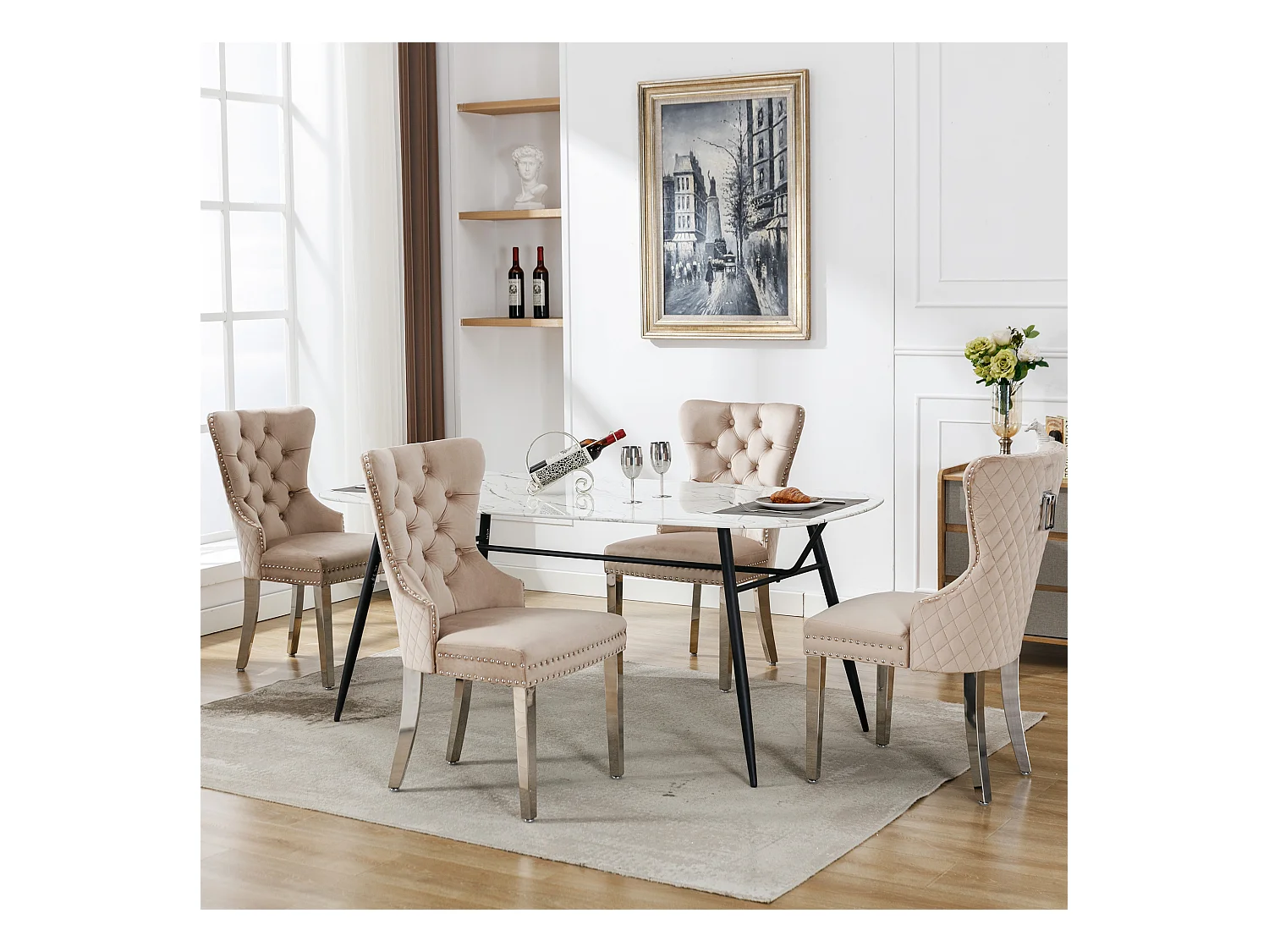 Cadeira de jantar de veludo com pernas de metal, design elegante, confortável para cozinha e sala de estar, bege, conjunto de 4