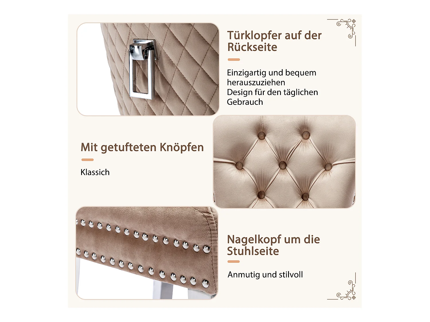 Cadeira de jantar de veludo com pernas de metal, design elegante, confortável para cozinha e sala de estar, bege, conjunto de 4