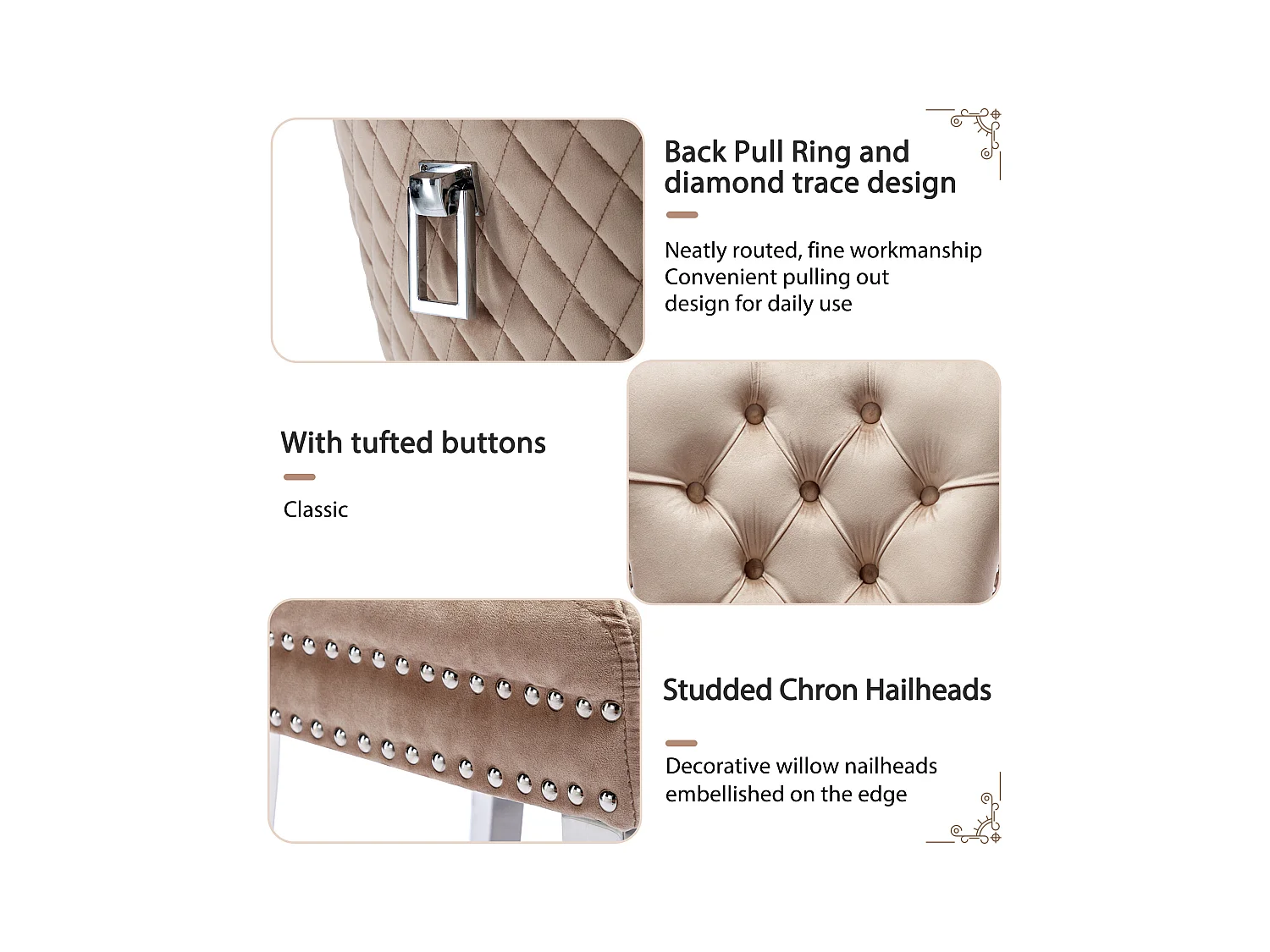 Cadeira de jantar de veludo com pernas de metal, design elegante, confortável para cozinha e sala de estar, bege, conjunto de 4