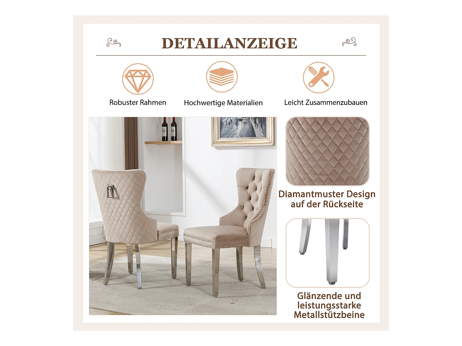 Cadeira de jantar de veludo com pernas de metal, design elegante, confortável para cozinha e sala de estar, bege, conjunto de 4