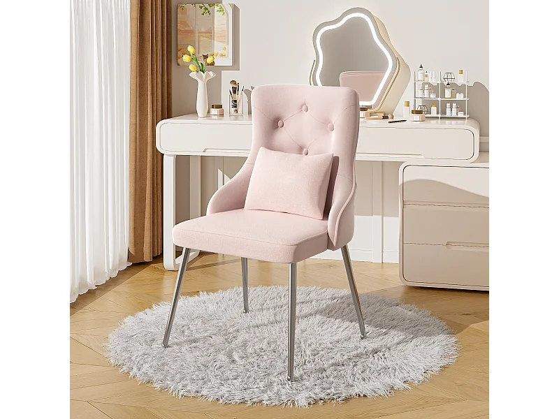 Cadeira de jantar em veludo rosa com almofada lombar e design moderno com pés de metal