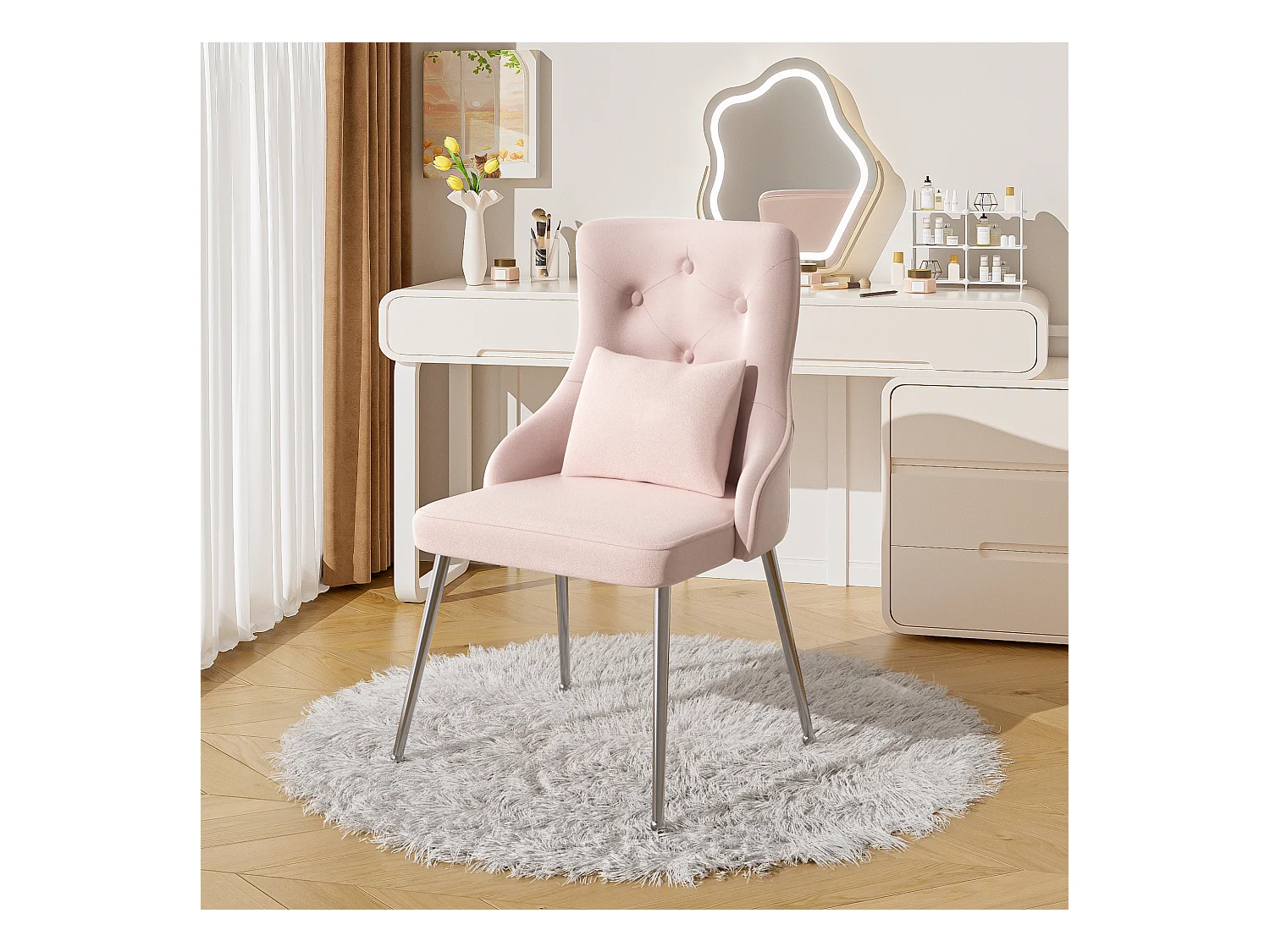 Cadeira de jantar em veludo rosa com almofada lombar e design moderno com pés de metal