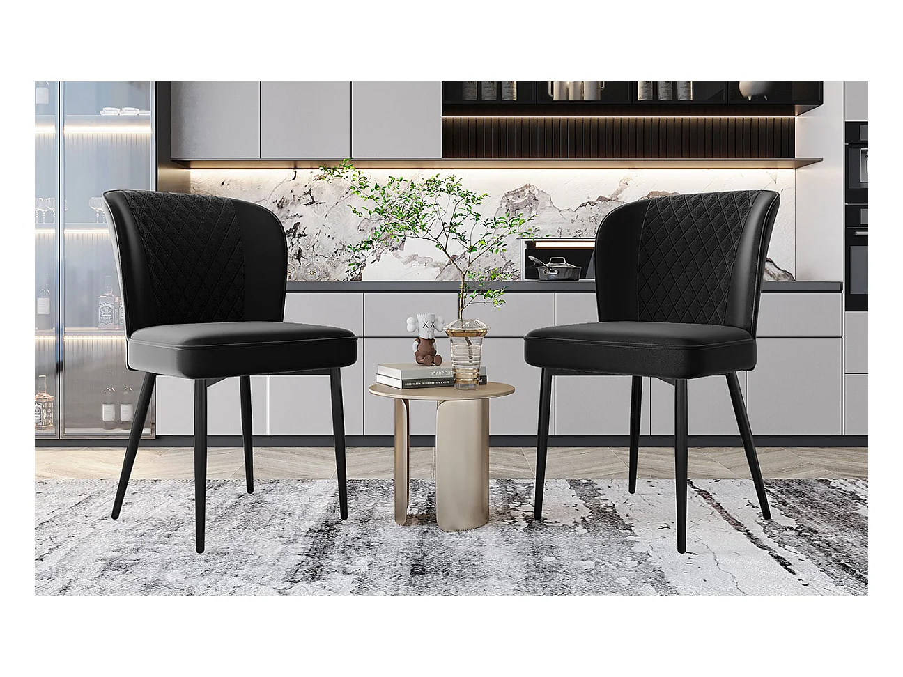 Silla de comedor de terciopelo negro con cómodo respaldo alto y moderna estructura de metal, 47 x 43 x 86 cm, juego de 2