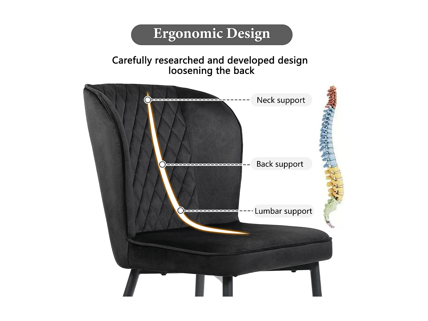 Silla de comedor de terciopelo negro con cómodo respaldo alto y moderna estructura de metal, 47 x 43 x 86 cm, juego de 2