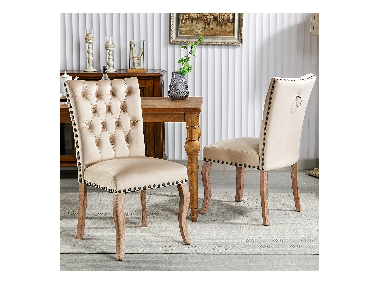 Silla de comedor de terciopelo camel con respaldo y aro decorativo tachonado, patas de madera maciza, 49x63x95 cm, juego de 2