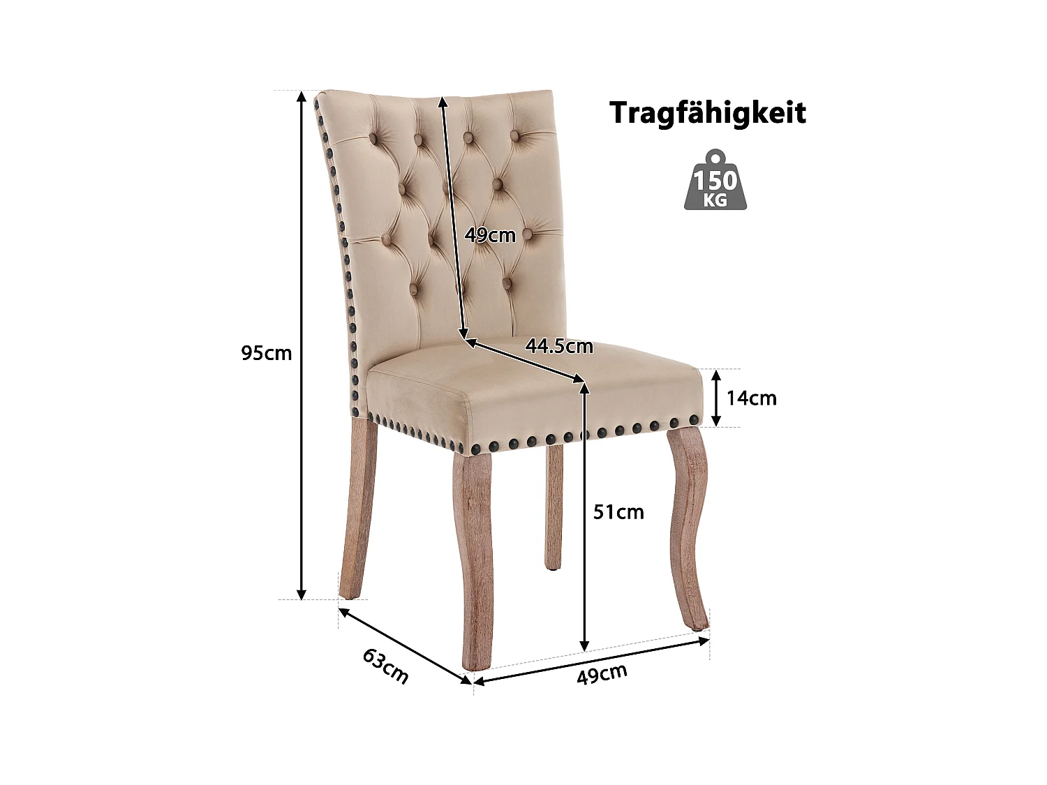 Silla de comedor de terciopelo camel con respaldo y aro decorativo tachonado, patas de madera maciza, 49x63x95 cm, juego de 2