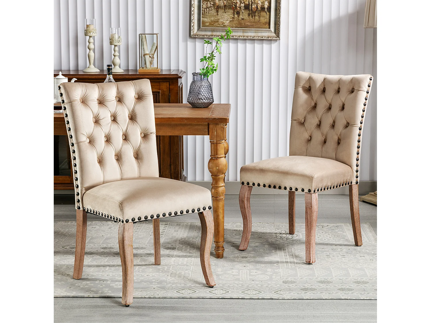 Silla de comedor de terciopelo camel con respaldo y aro decorativo tachonado, patas de madera maciza, 49x63x95 cm, juego de 2