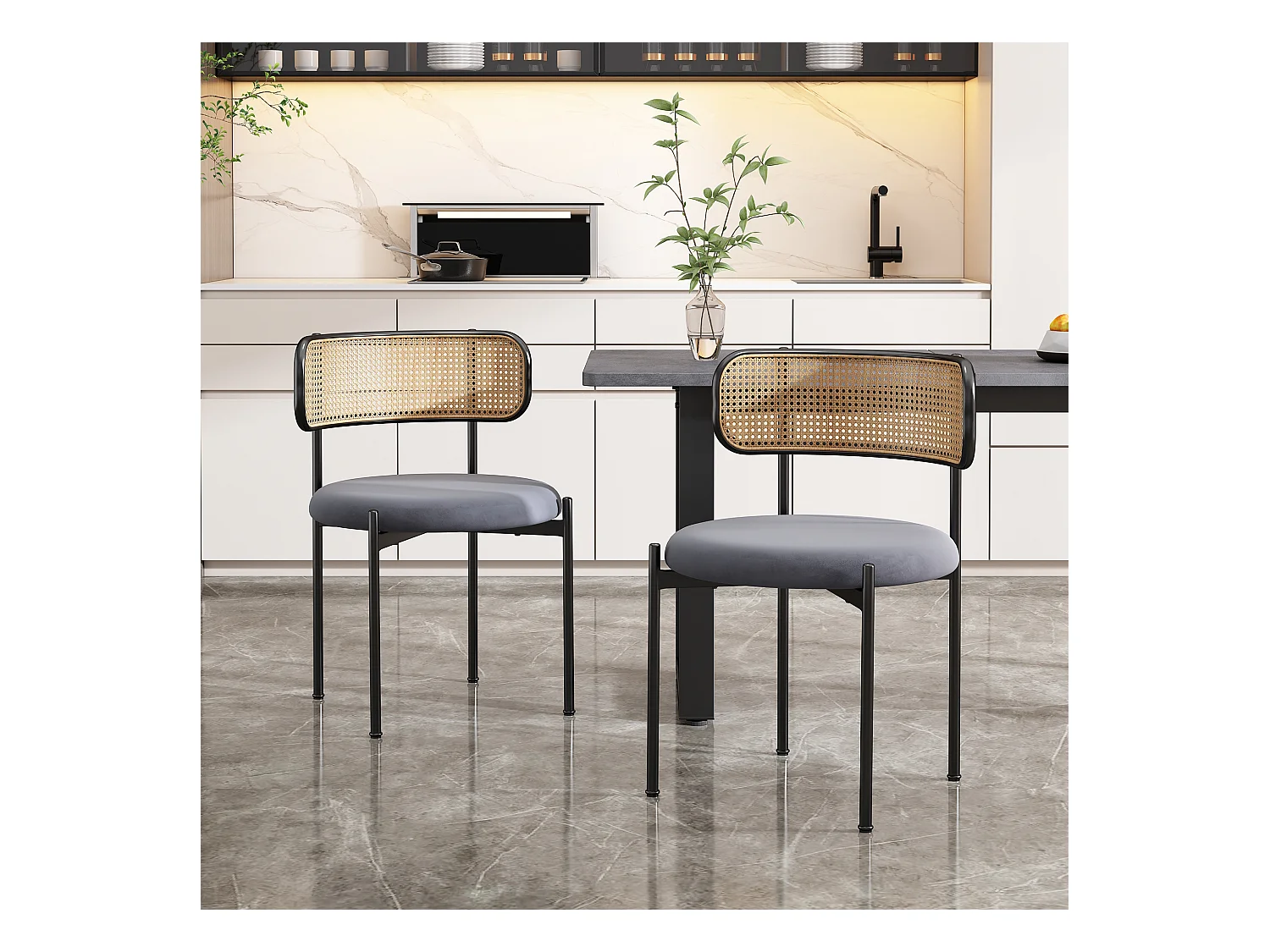 Cadeira de jantar de veludo com encosto de vime e pernas de metal, estilo retrô, para sala de estar ou quarto, cinza