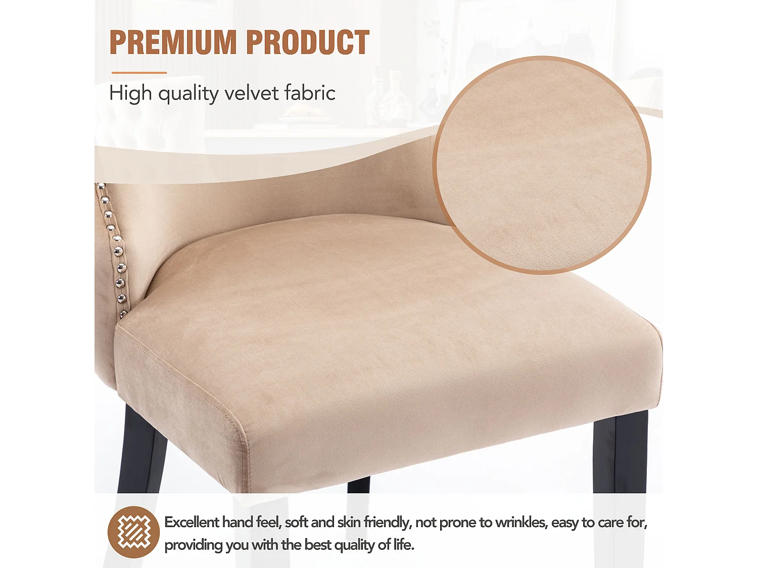 Chaise salle à manger velluto beige pieds bois massiccio design classico 50x41x91 cm lotto di 4