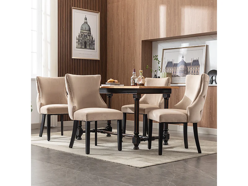 Silla de comedor de terciopelo beige con patas de madera maciza, diseño clásico, 50x41x91 cm, juego de 4