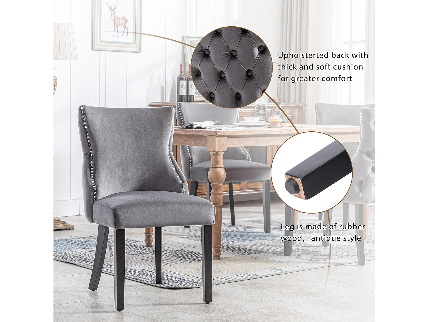 Chaise salle à manger velluto grigio pieds bois massiccio design confortevole capitonné lotto di 4