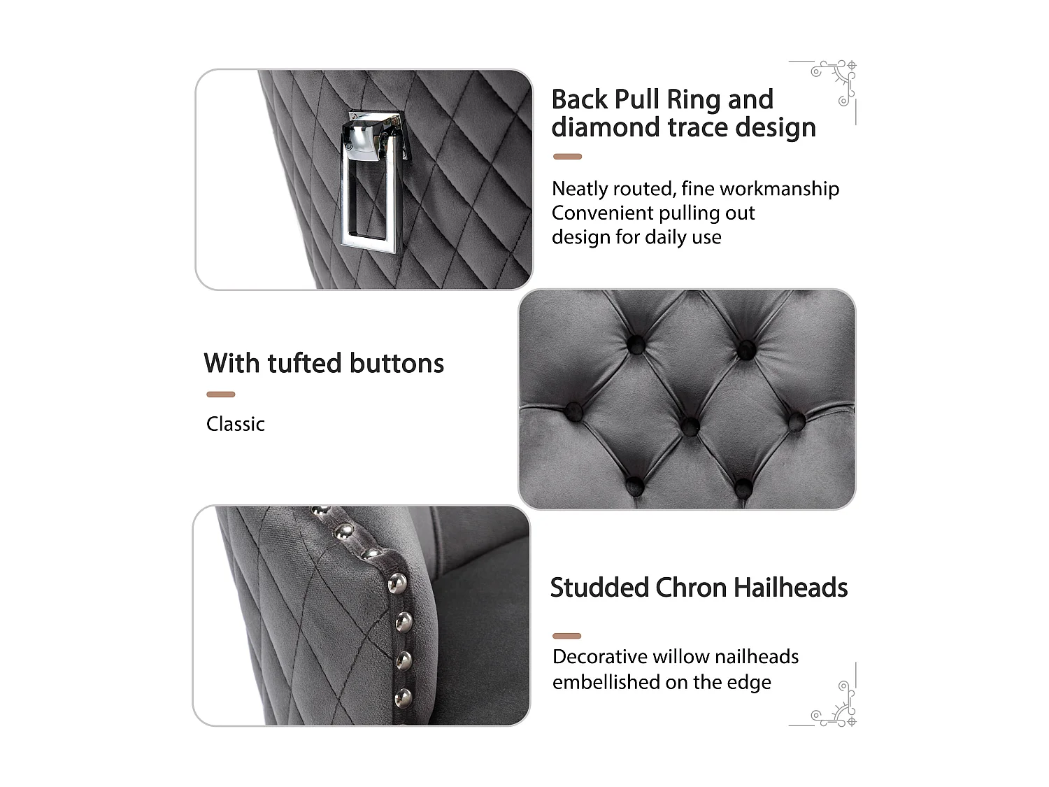 Silla de comedor de terciopelo con patas de metal, diseño elegante, cómoda para cocina, sala de estar, gris, juego de 2