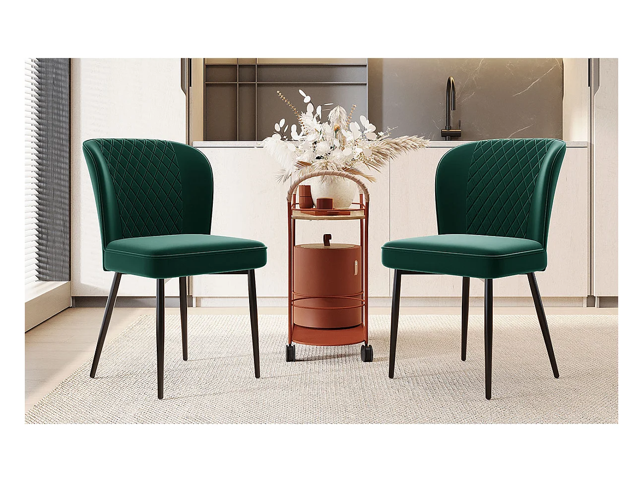 Silla de comedor de terciopelo verde oscuro, respaldo ergonómico, asiento de espuma, estructura de metal, 47 x 43 x 86 cm, juego de 2