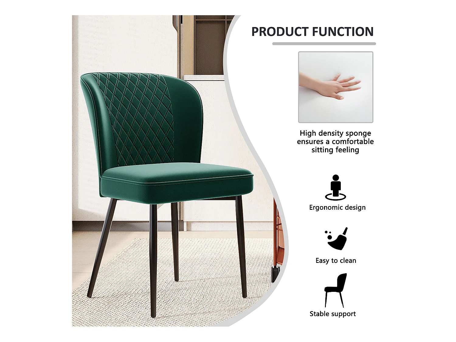 Silla de comedor de terciopelo verde oscuro, respaldo ergonómico, asiento de espuma, estructura de metal, 47 x 43 x 86 cm, juego de 2