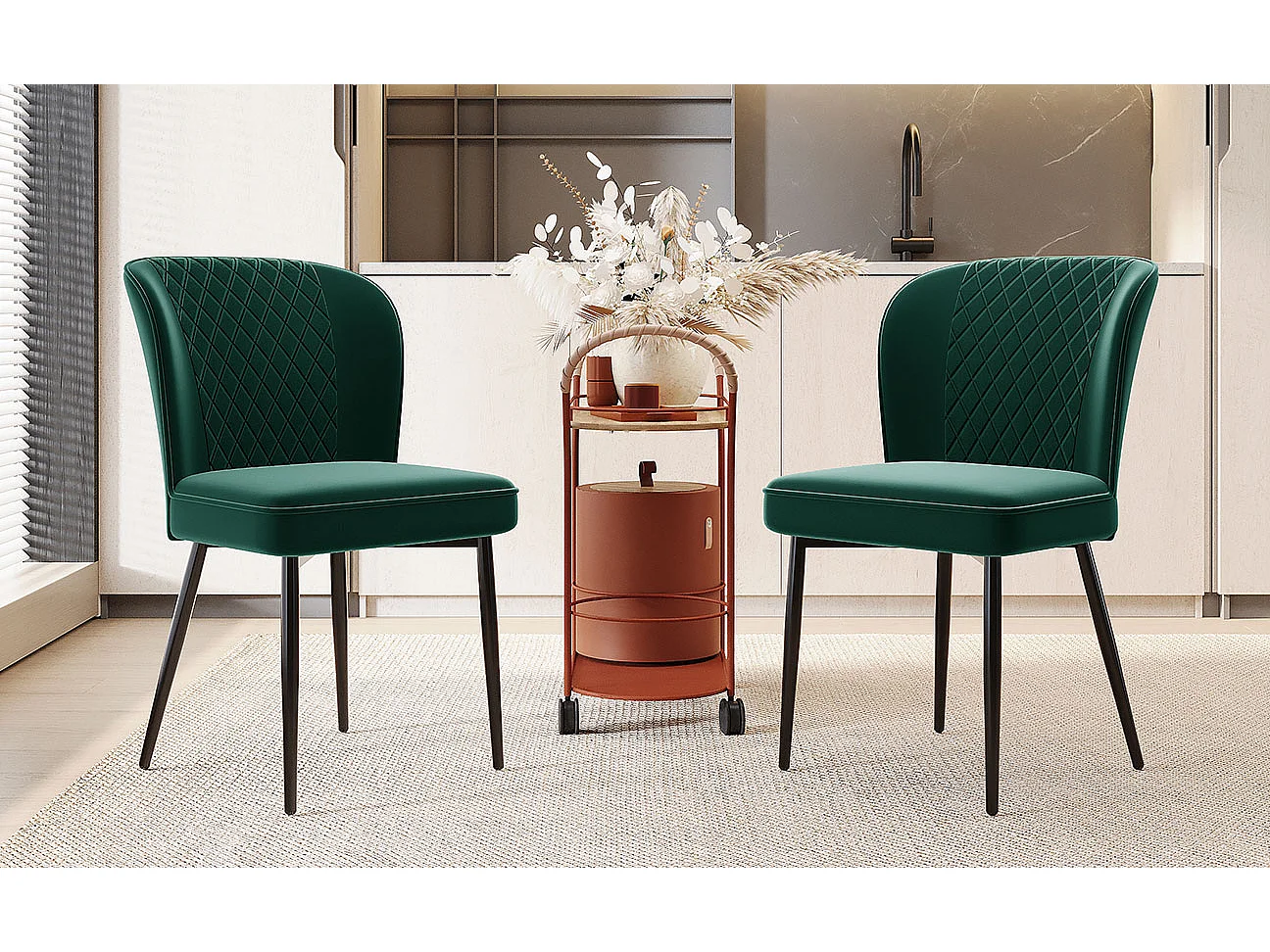 Silla de comedor de terciopelo verde oscuro, respaldo ergonómico, asiento de espuma, estructura de metal, 47 x 43 x 86 cm, juego de 2
