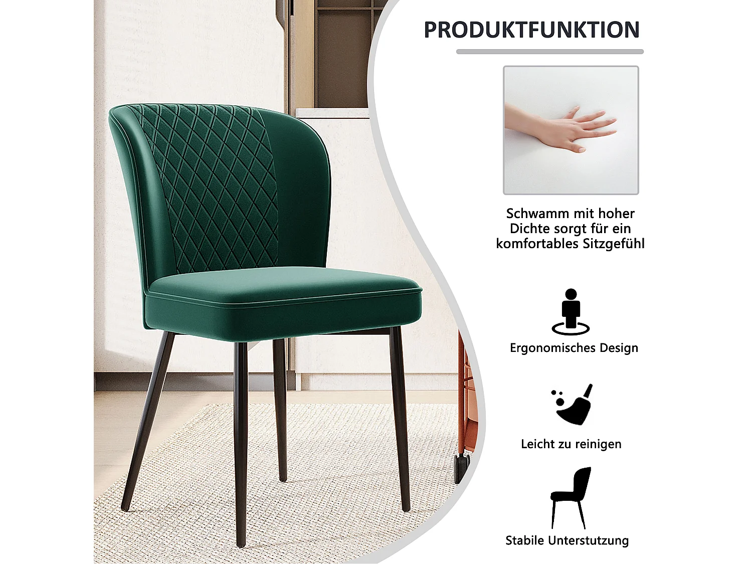 Silla de comedor de terciopelo verde oscuro, respaldo ergonómico, asiento de espuma, estructura de metal, 47 x 43 x 86 cm, juego de 2