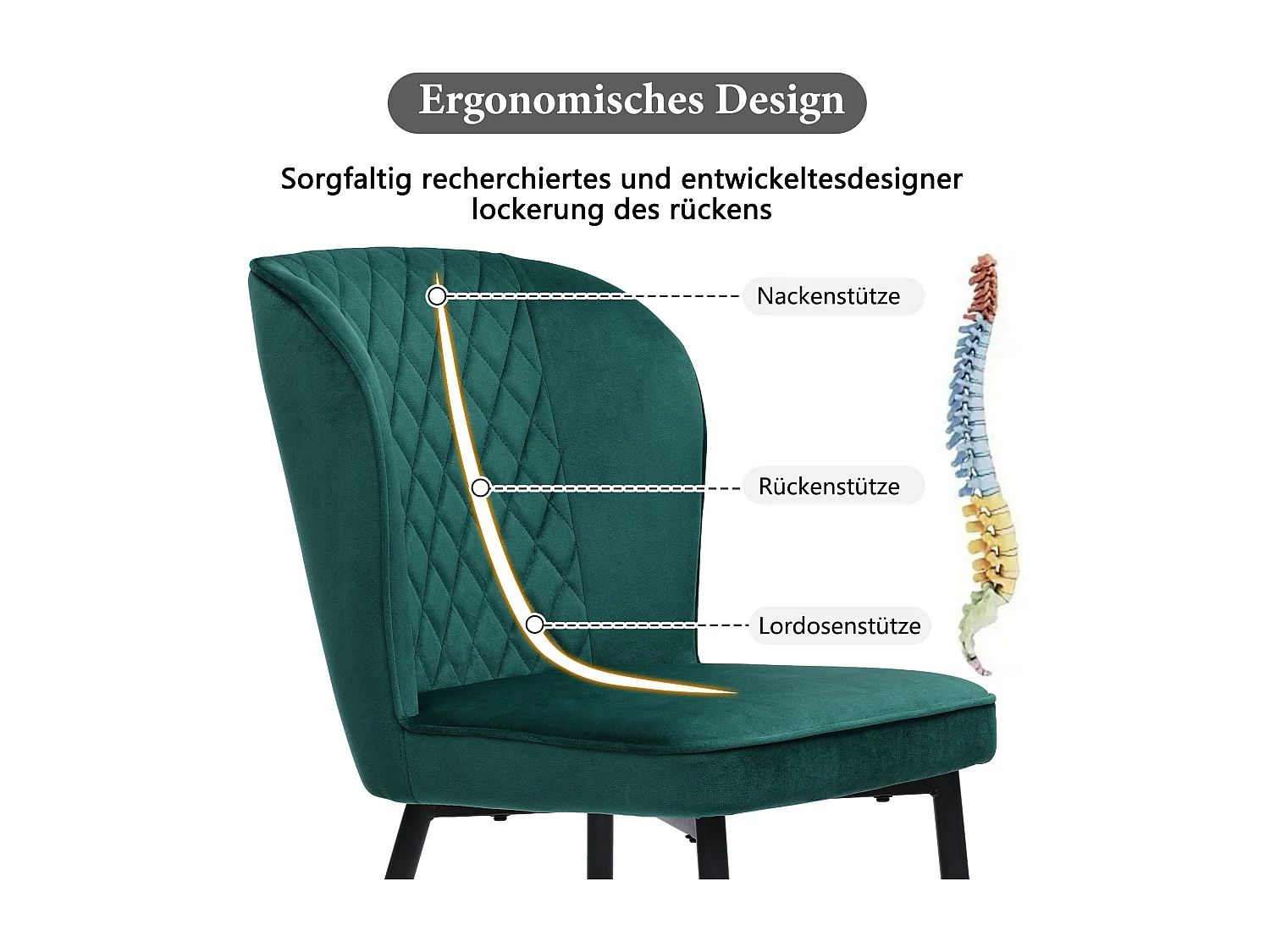 Silla de comedor de terciopelo verde oscuro, respaldo ergonómico, asiento de espuma, estructura de metal, 47 x 43 x 86 cm, juego de 2