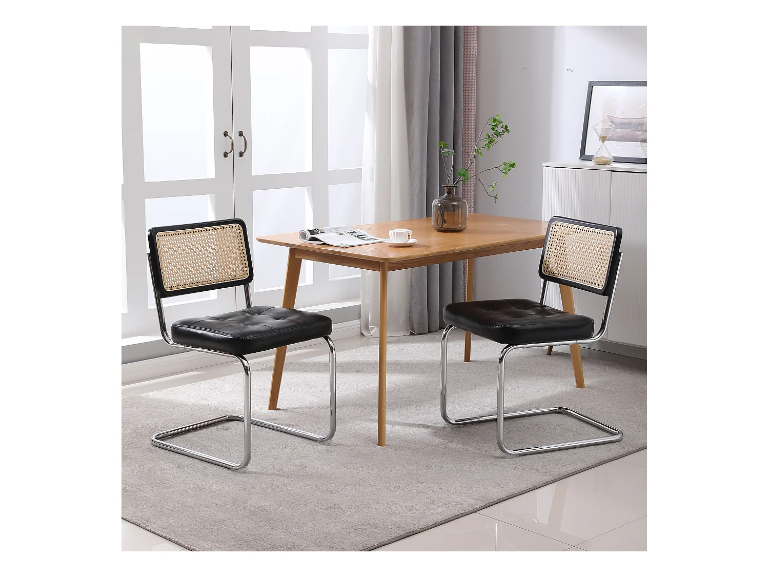 Conjunto de 2 cadeiras de jantar em couro sintético PU com encosto em malha acolchoada, metal cromado preto 50x61x85 cm