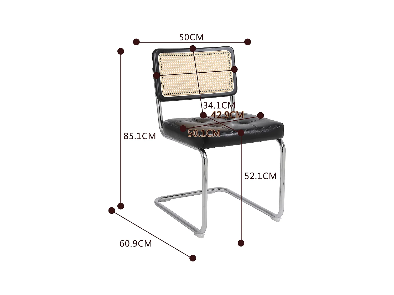 Conjunto de 2 cadeiras de jantar em couro sintético PU com encosto em malha acolchoada, metal cromado preto 50x61x85 cm
