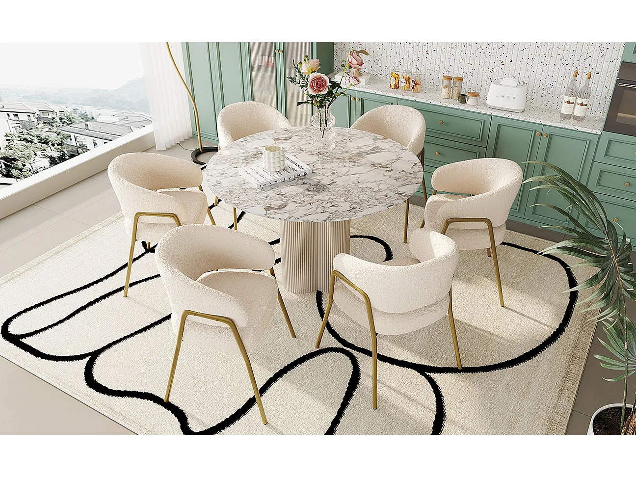 Cadeira de jantar em veludo branco com pernas douradas, design moderno, confortável, 49x48x78 cm, conjunto de 6