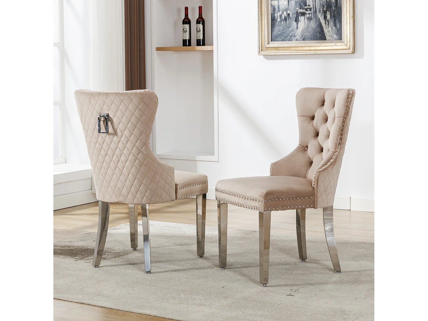 Cadeira de jantar de veludo com pernas de metal, design elegante, confortável para cozinha e sala de estar, bege, conjunto de 2