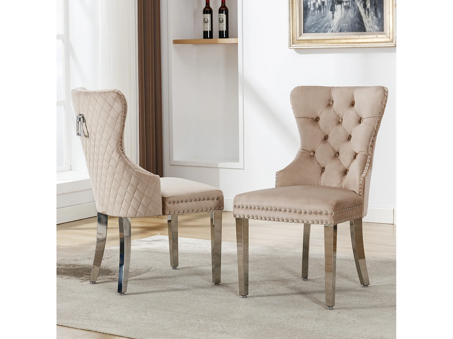 Cadeira de jantar de veludo com pernas de metal, design elegante, confortável para cozinha e sala de estar, bege, conjunto de 2