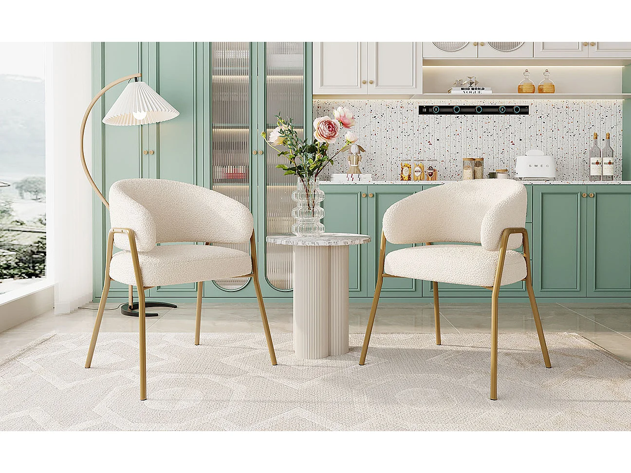 Cadeira de jantar em veludo branco com pernas douradas, design moderno, confortável, 49x48x78 cm, conjunto de 2