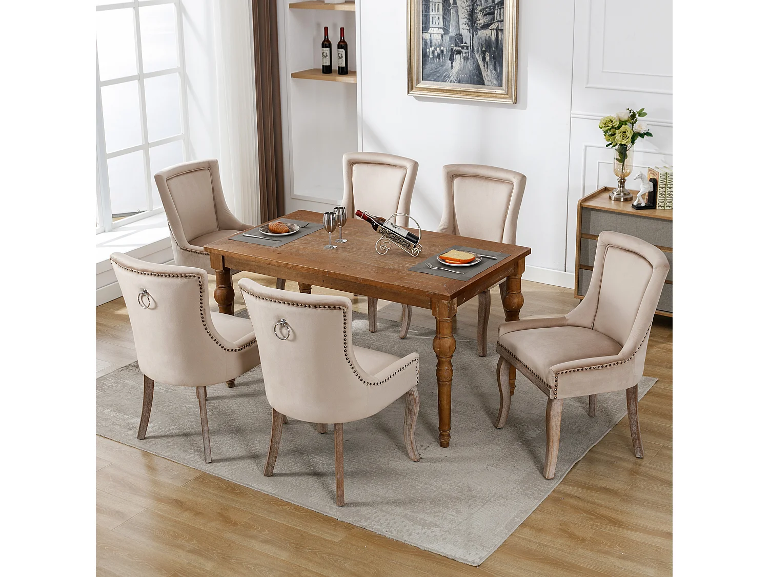 Silla de comedor de terciopelo con patas de madera maciza, diseño elegante, cómoda, color beige, para cocina, sala de estar, juego de 6