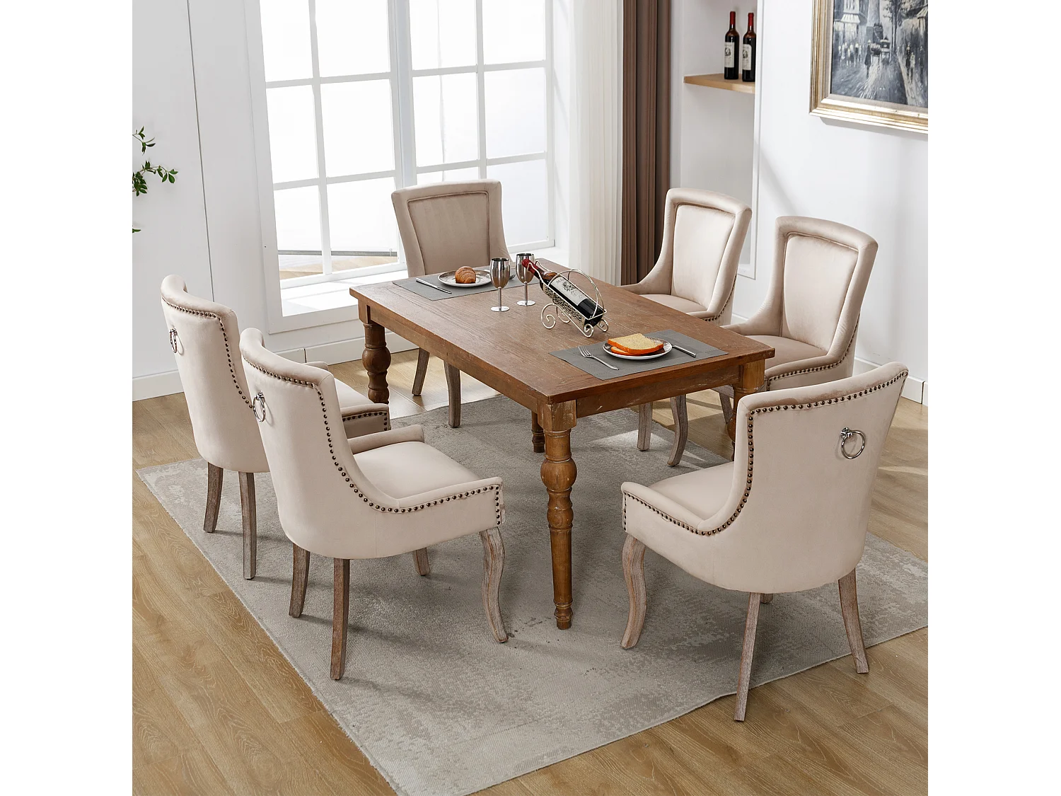 Silla de comedor de terciopelo con patas de madera maciza, diseño elegante, cómoda, color beige, para cocina, sala de estar, juego de 6
