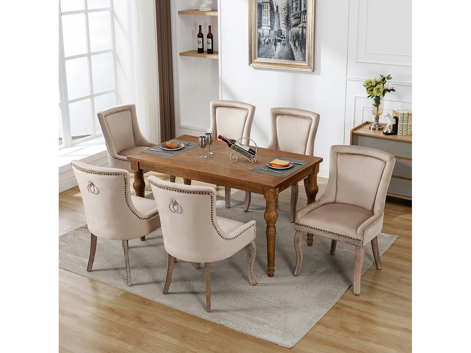 Silla de comedor de terciopelo con patas de madera maciza, diseño elegante, cómoda, color beige, para cocina, sala de estar, juego de 6