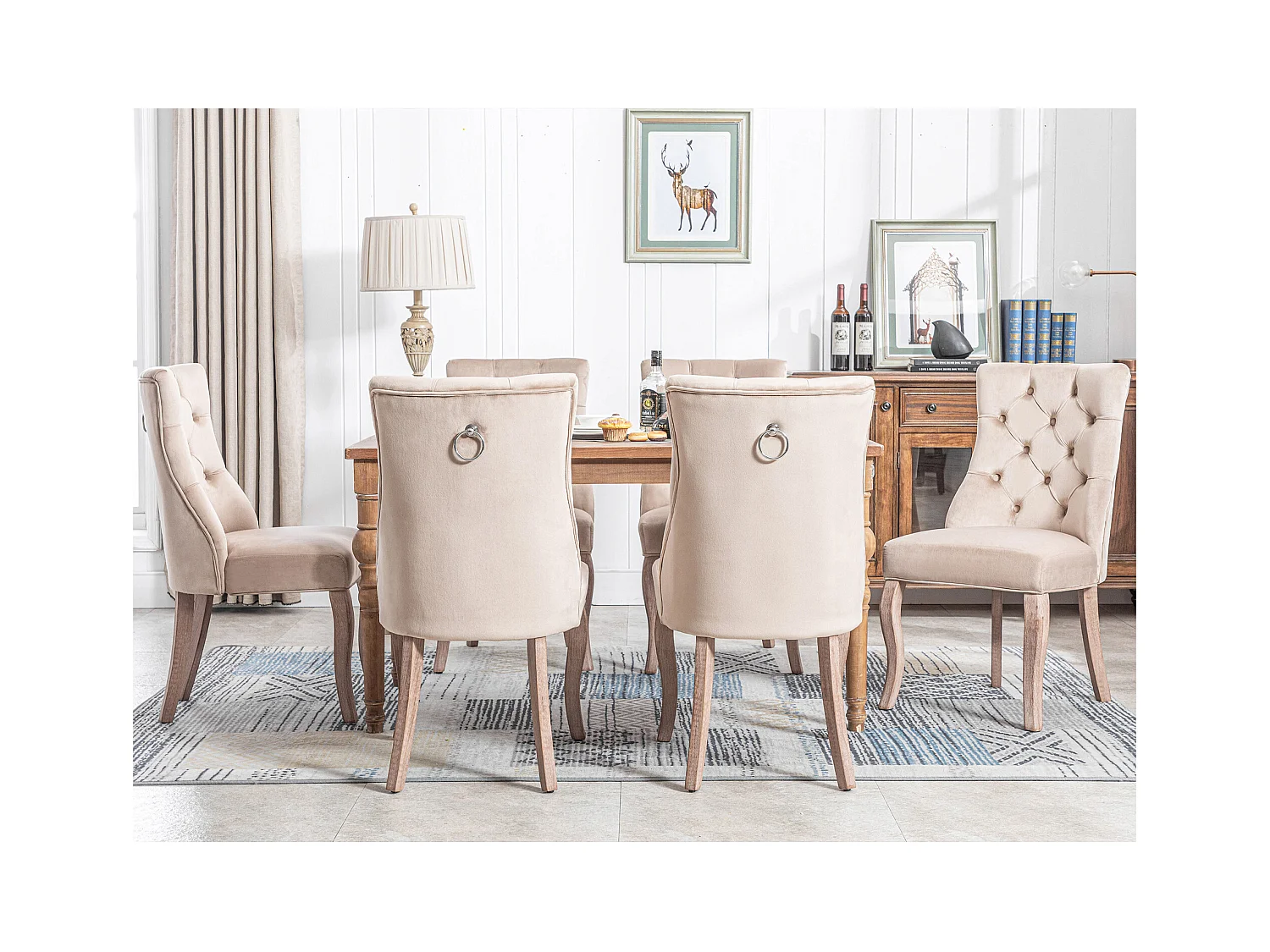 Chaise salle à manger velluto beige dossier haut capitonné pieds bois massif 97x51x47 cm loot de 6