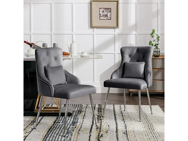 Poltrona de jantar em veludo cinza com almofada lombar, design moderno, pernas de metal resistentes, conjunto de 2