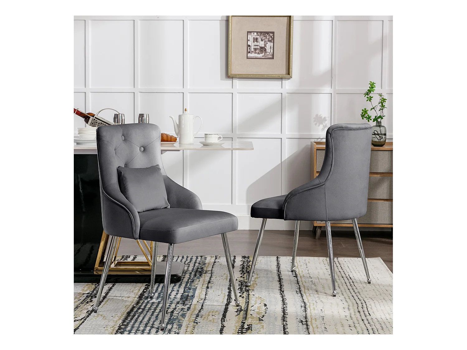 Poltrona de jantar em veludo cinza com almofada lombar, design moderno, pernas de metal resistentes, conjunto de 2