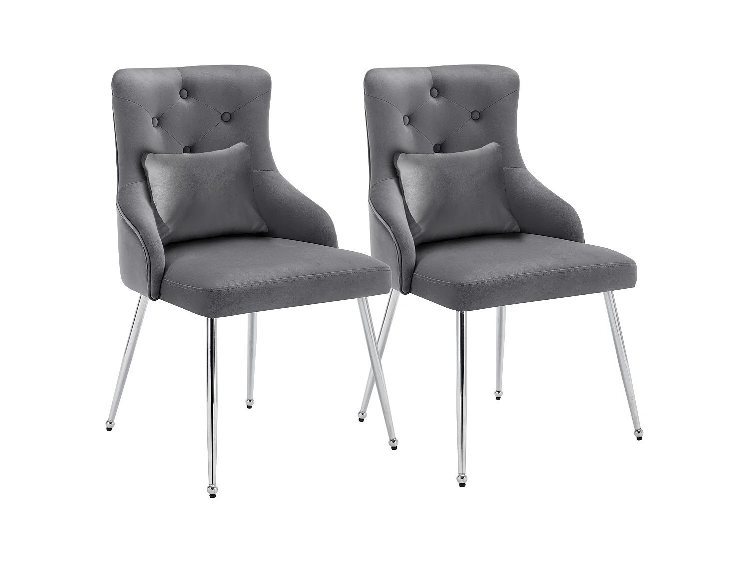 Poltrona de jantar em veludo cinza com almofada lombar, design moderno, pernas de metal resistentes, conjunto de 2