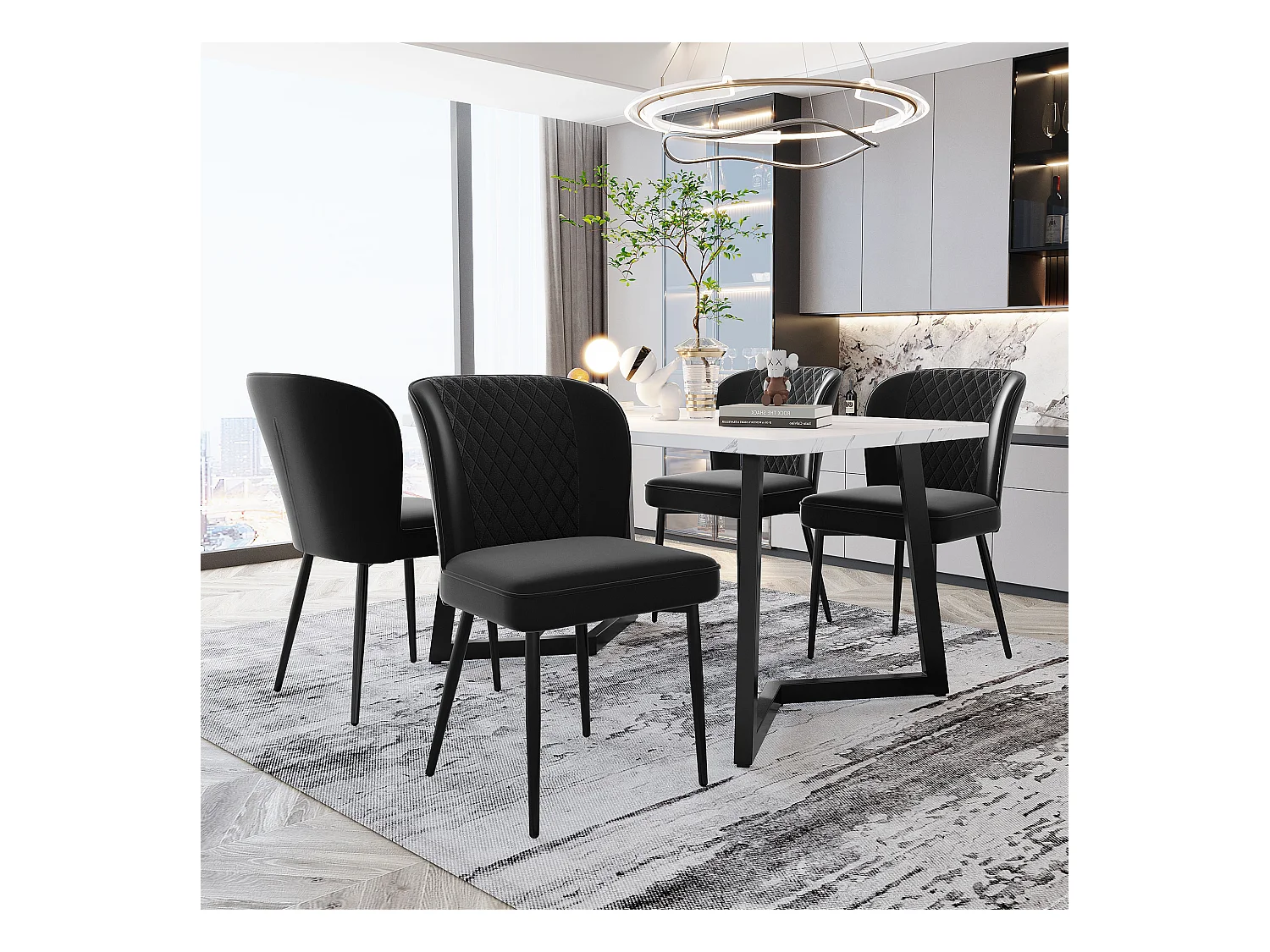 Cadeira de jantar de veludo preto com encosto alto confortável e estrutura de metal moderna 47x43x86 cm conjunto de 4