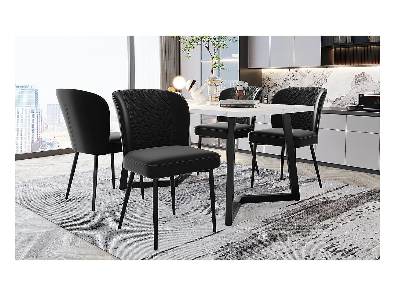 Cadeira de jantar de veludo preto com encosto alto confortável e estrutura de metal moderna 47x43x86 cm conjunto de 4