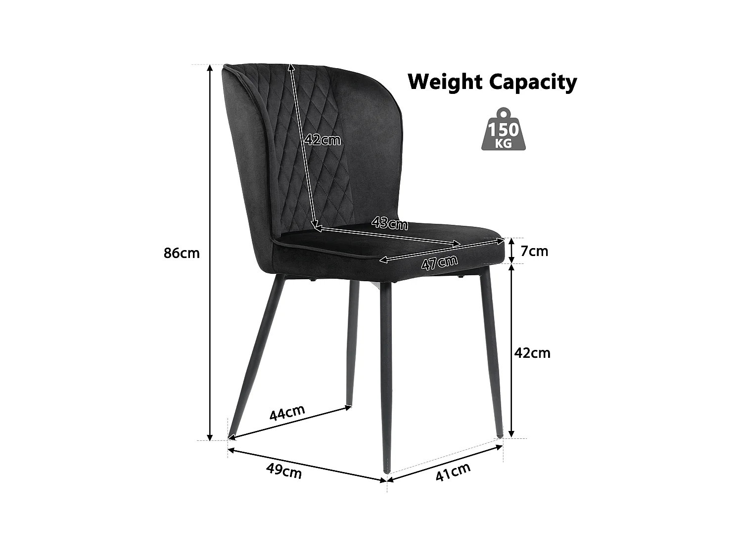 Cadeira de jantar de veludo preto com encosto alto confortável e estrutura de metal moderna 47x43x86 cm conjunto de 4