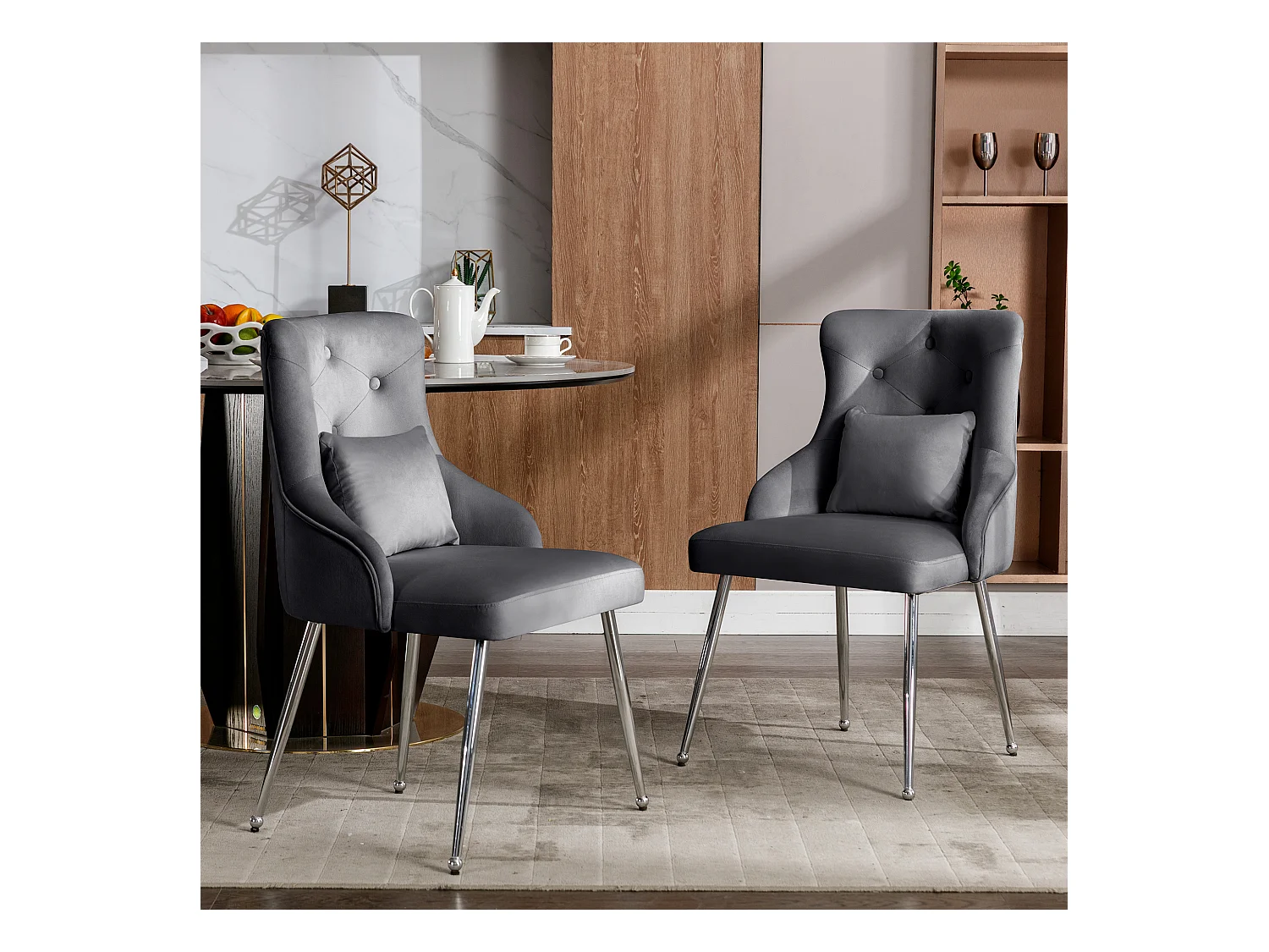 Salotto da mangiatoia in velluto grigio, coussin lombaire, design moderno, pieds, metallo, robusto, lotto di 4