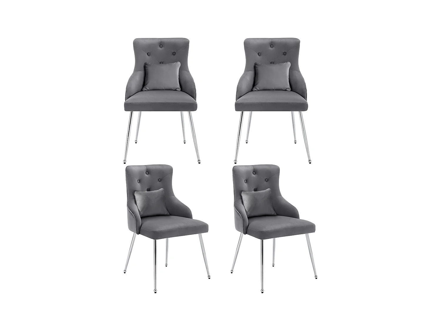 Salotto da mangiatoia in velluto grigio, coussin lombaire, design moderno, pieds, metallo, robusto, lotto di 4