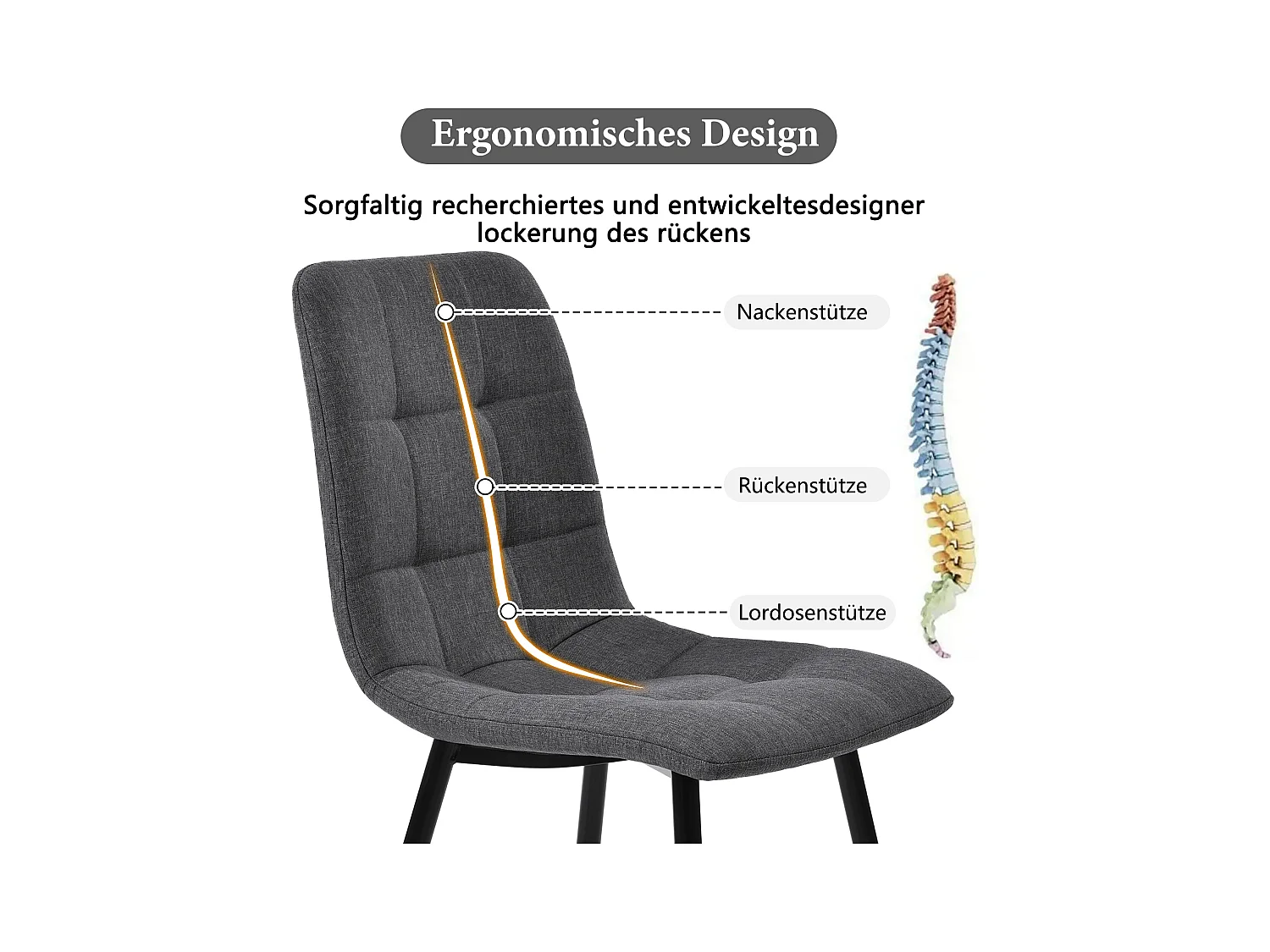 Conjunto de 4 sillas de comedor de diseño en tela de lino con cómodo respaldo y estructura de metal gris 44x41x86 cm