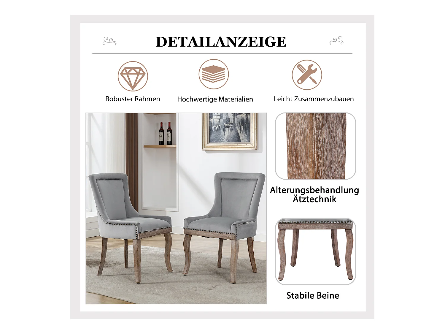 Chaise salle à manger velluto pieds bois massiccio design confortevole elegante grigio per cucina salone lotto de 6