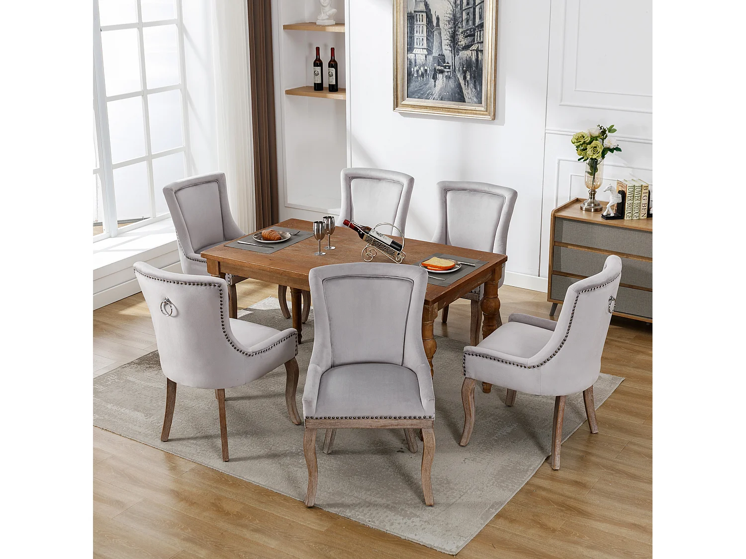 Chaise salle à manger velluto pieds bois massiccio design confortevole elegante grigio per cucina salone lotto de 6