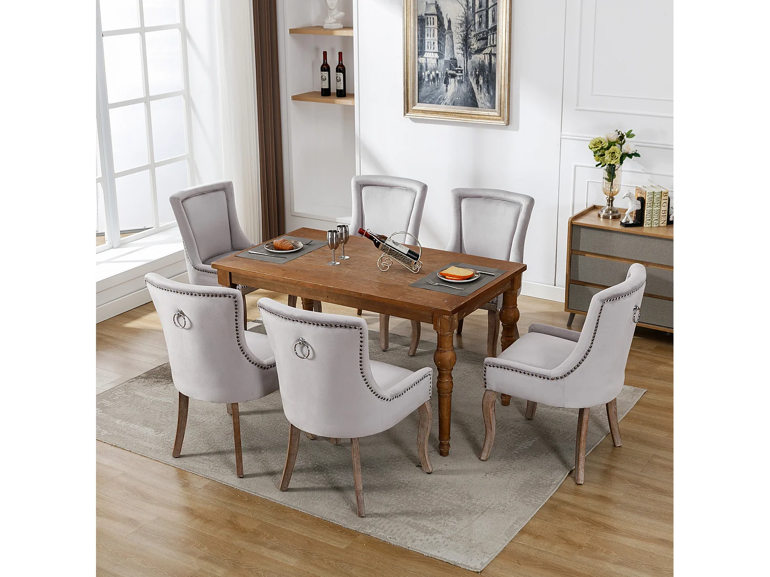 Chaise salle à manger velluto pieds bois massiccio design confortevole elegante grigio per cucina salone lotto de 6