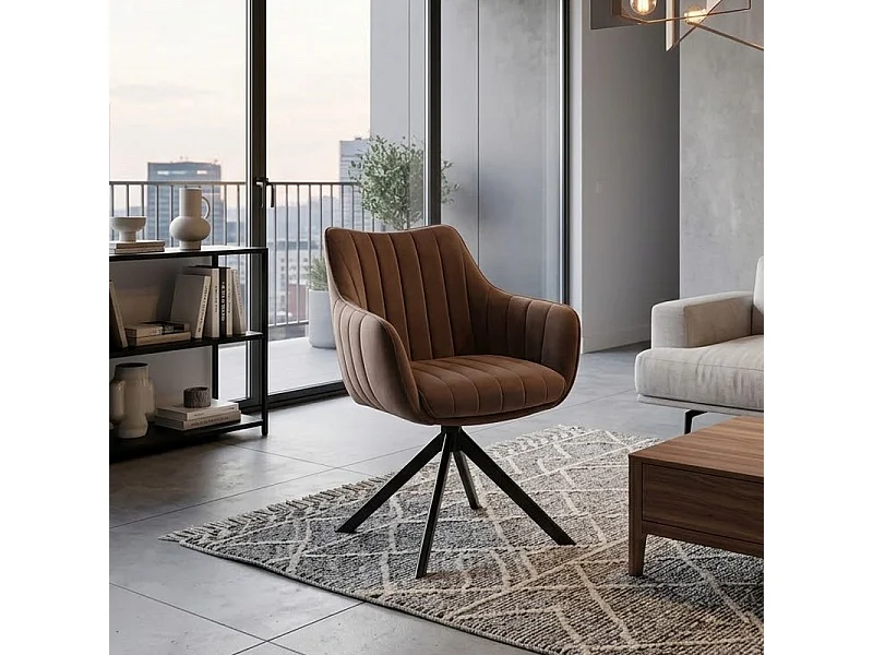 Chaise pivotante en tissu velours cappuccino et structure métal noir mat SWOP